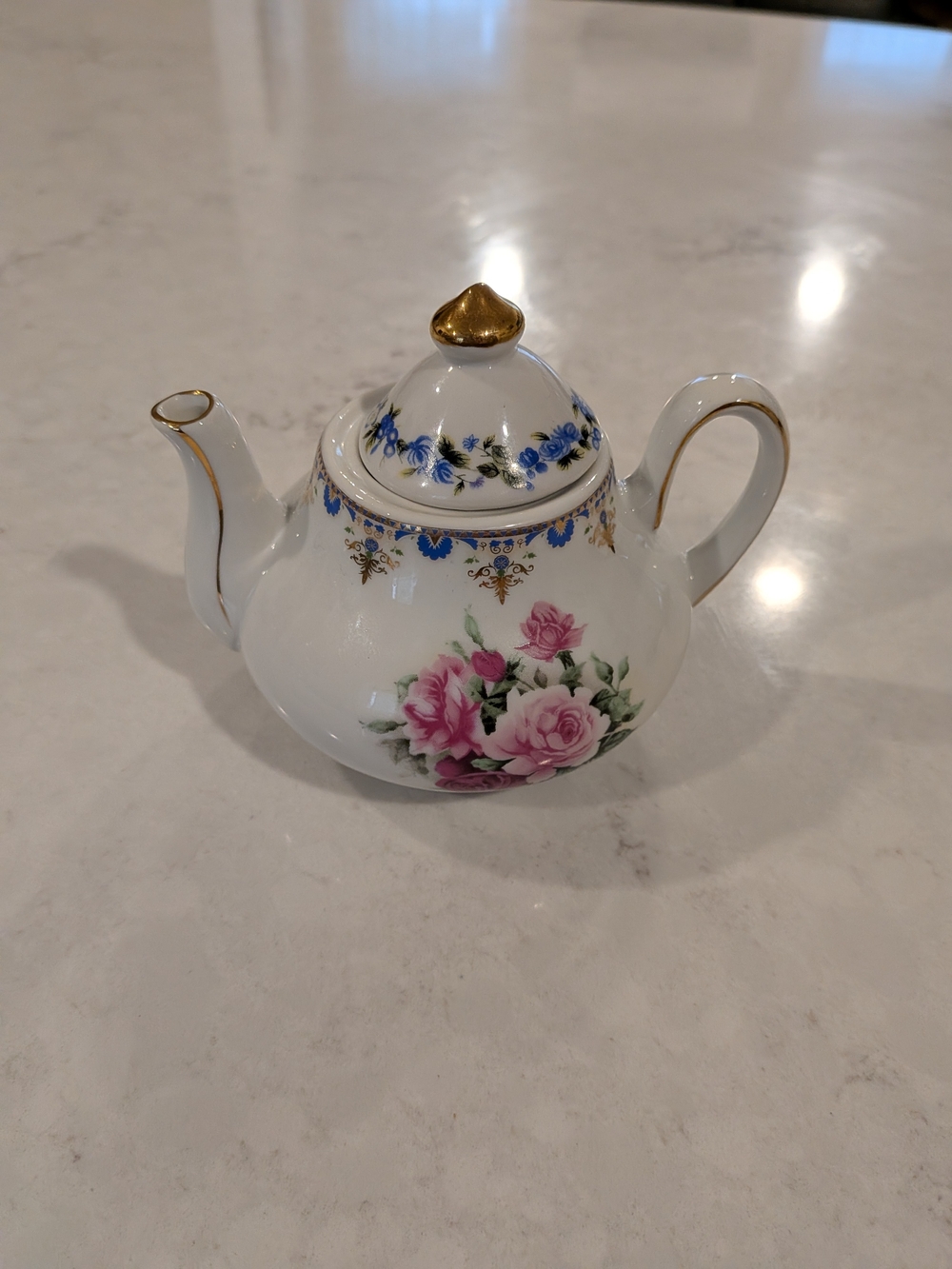 Vintage Porcelain Teapot 5" with Pink Rose & Blue Floral Trim Mid-To-Late 20Cent